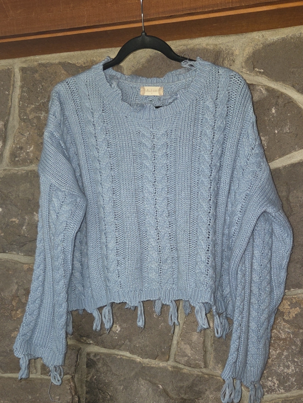 Altar'd State Light Blue Cable Knit Fringe Hem Sweater